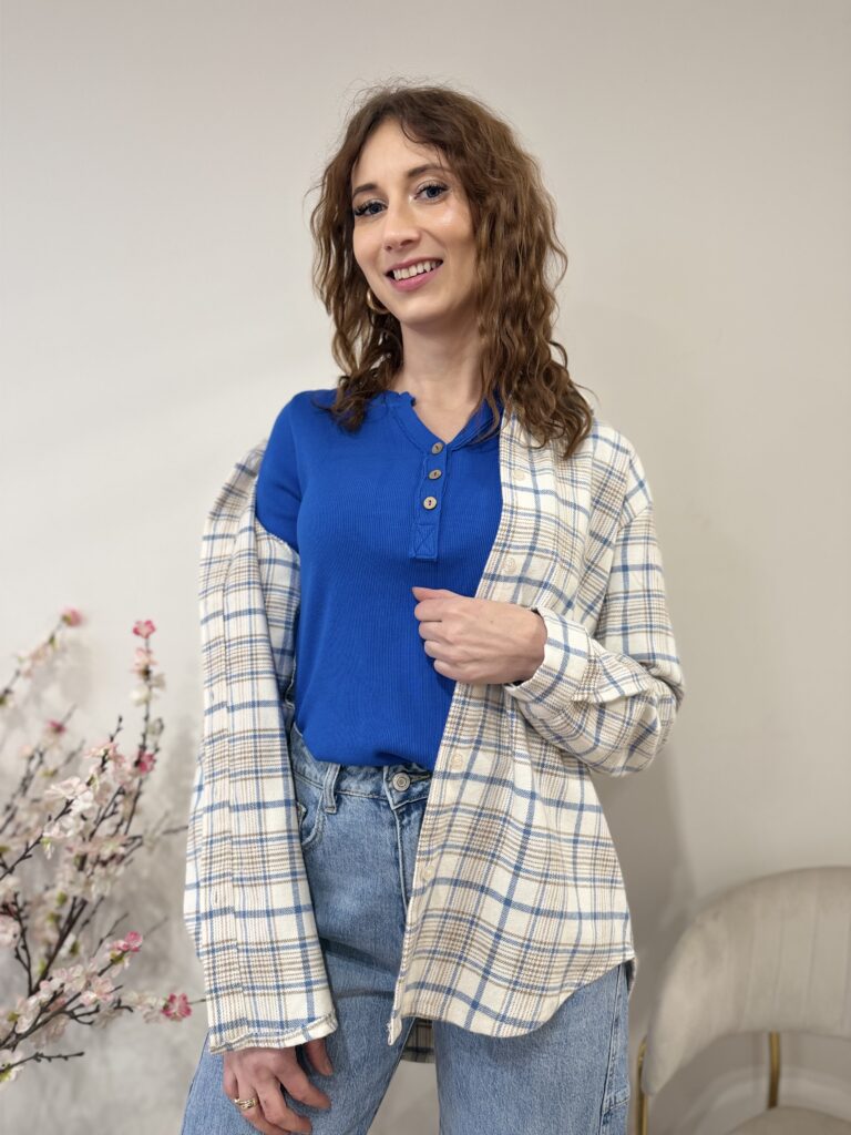 Flanelowa, bawełniana koszula błękitna w kratę