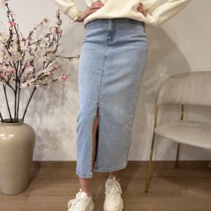 Ołówkowa spódnica midi jeansowa z rozcięciem z przodu